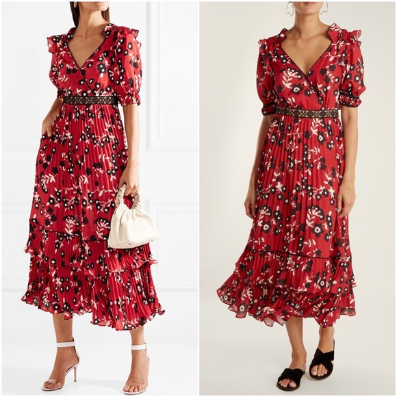 NEW Self-Portrait Floral Print Pleated Midi Dress - Picture 6 of 14
